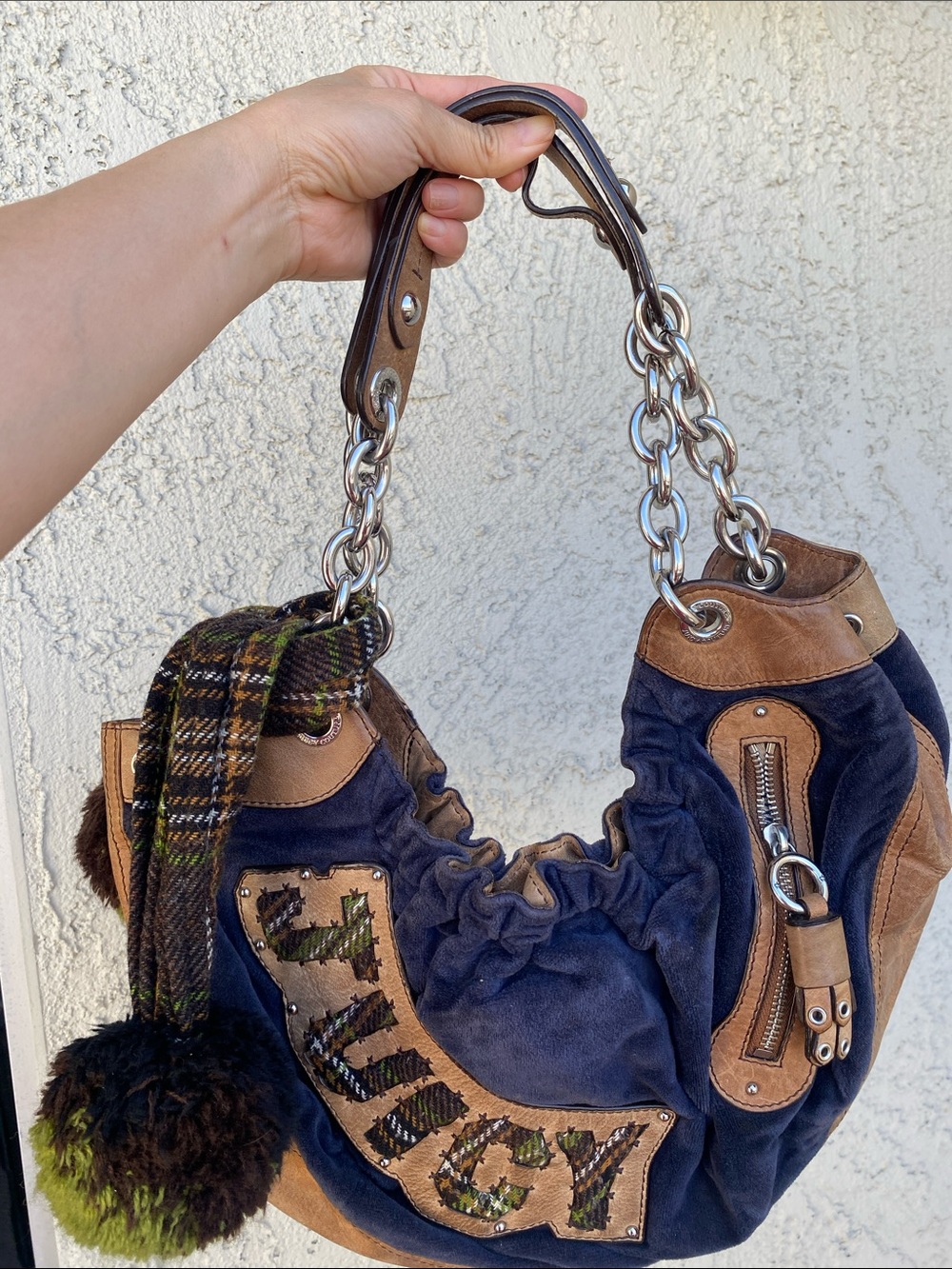 JUICY Suede Navy and Brown Hobo Bag with Chain Handles